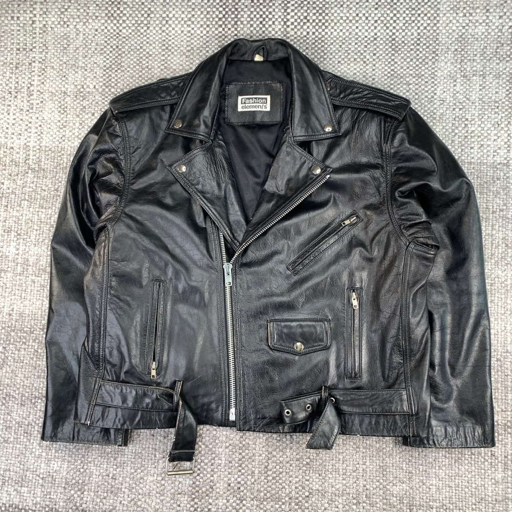 Fashion Elements Black Leather Biker Jacket Vintage Moto Belted Asymmetrical Zip